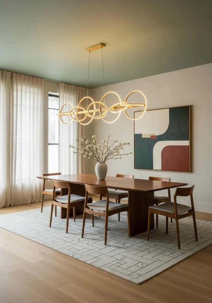Dining room with green ceiling adding unexpected stylish design twist