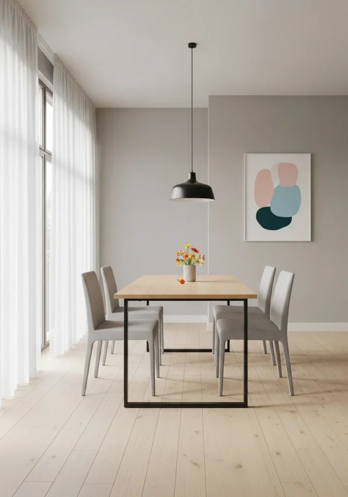 Minimal dining room with subtle pops of color for a fresh and elegant look