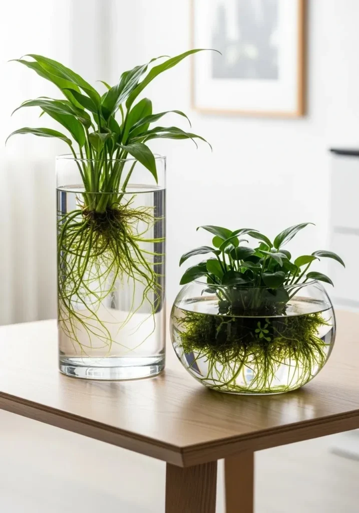 Glass flower pots with water plants shown fully with clear roots