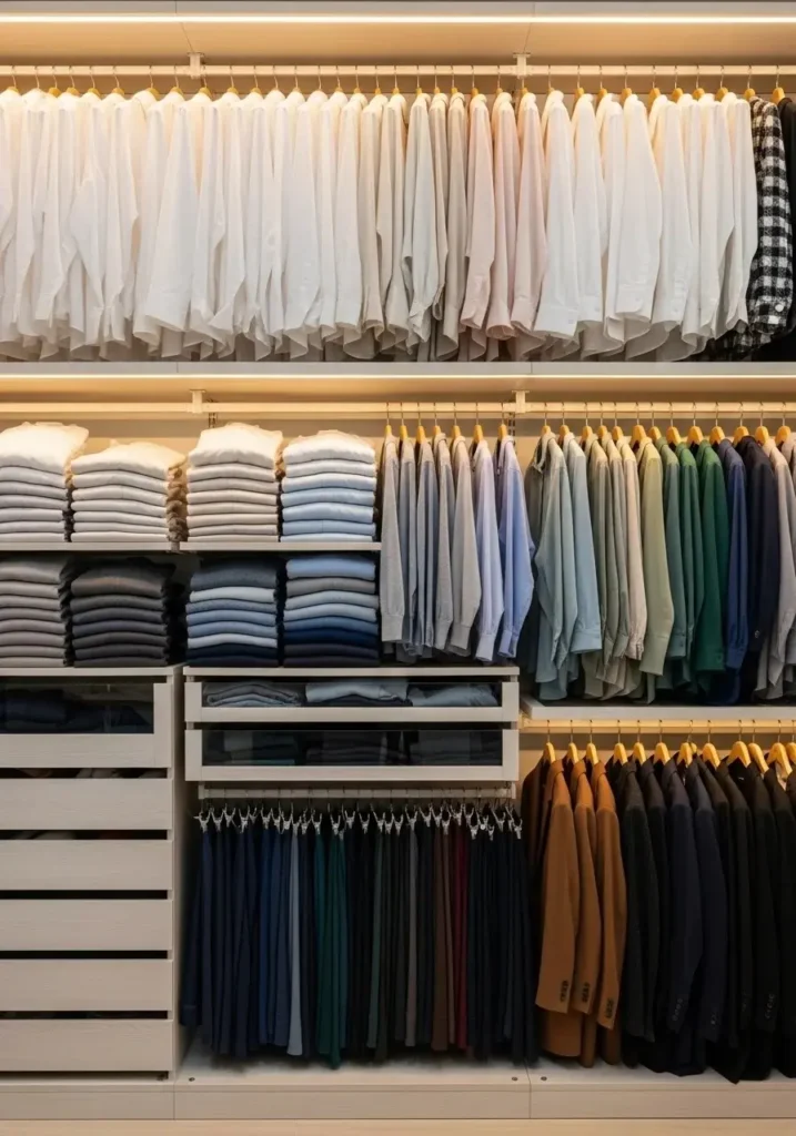 Color-coordinated closet with neatly arranged clothes from light to dark shades