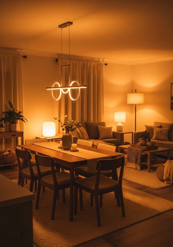 Layered lighting separating dining and living zones in open space