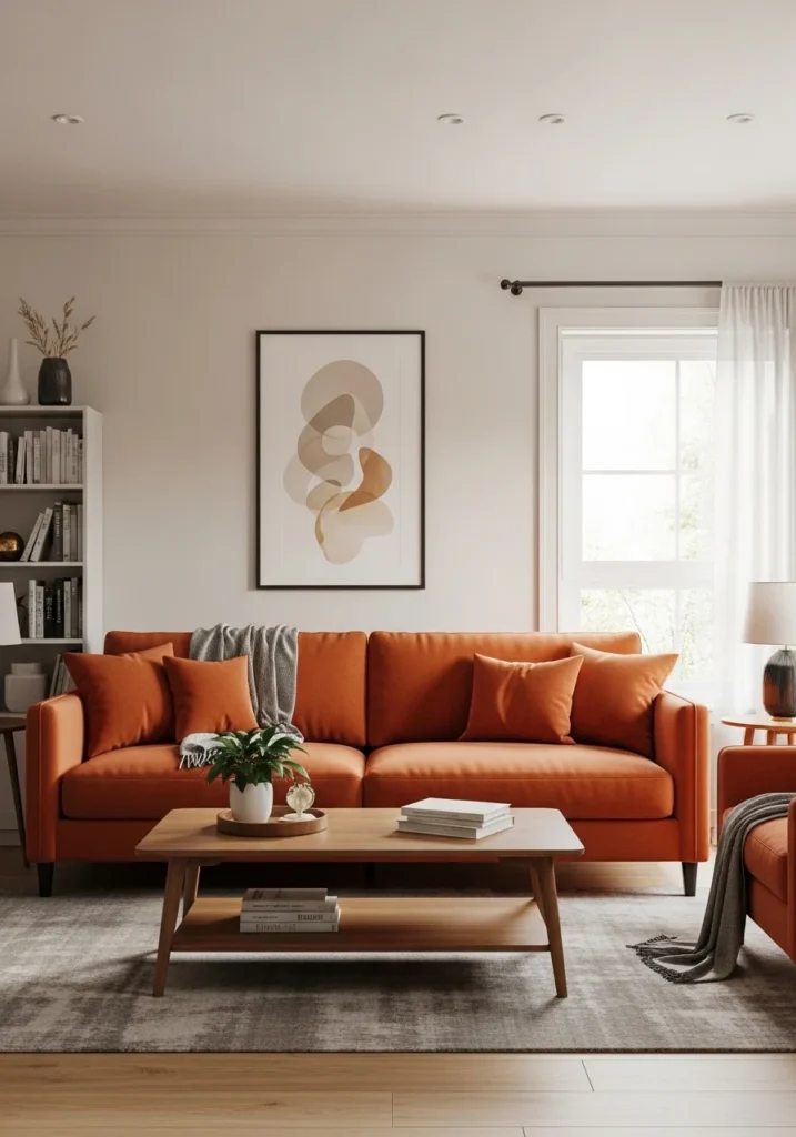 Burnt orange sofa adding bold warmth and personality to a neutral living room