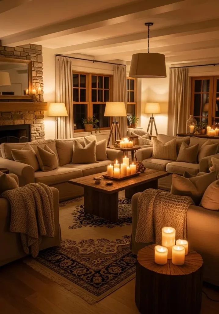 Warm ambient lighting creating cozy farmhouse living room evening mood