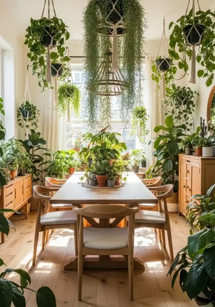 Dining room with indoor plants adding fresh and natural greenery atmosphere