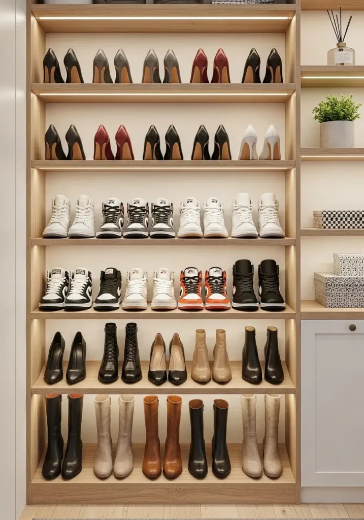 Organized shoe display section with neatly arranged footwear