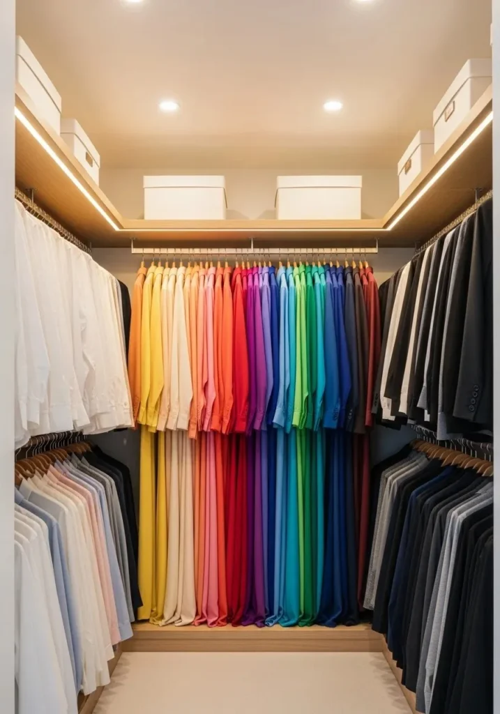 color coordinated open closet with aesthetic gradient organization