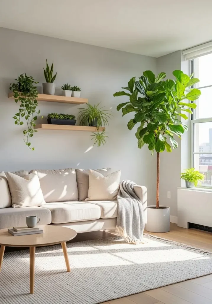 Indoor plants in a small apartment living room adding life and freshness to the space