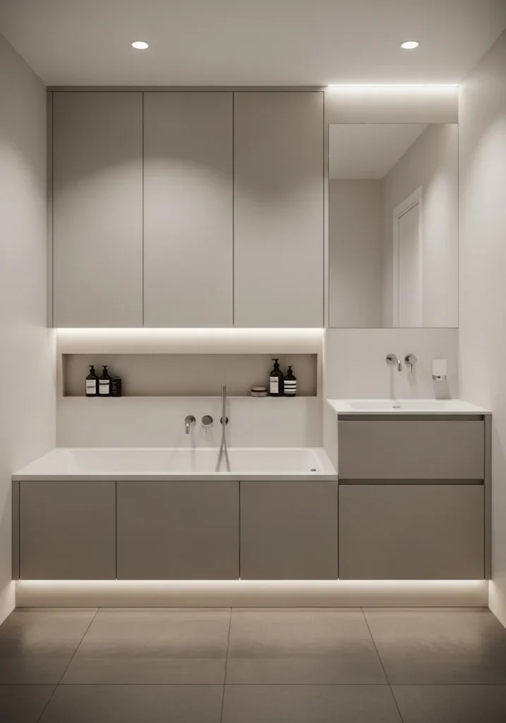 Hidden storage cabinets keeping small bathroom organized and clean