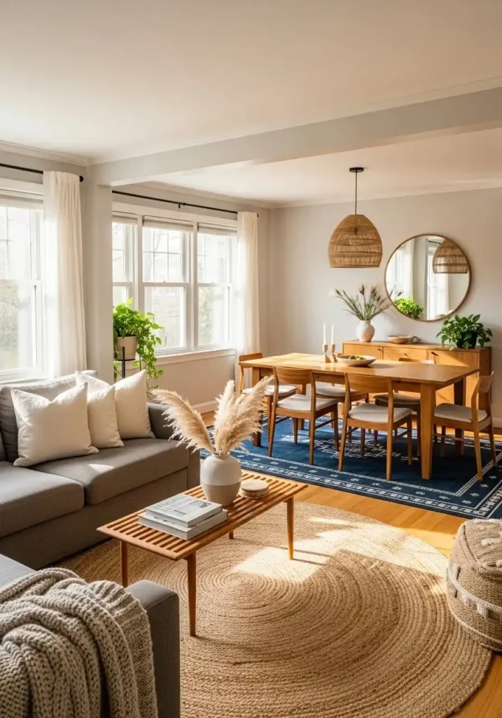 Living dining room combo with two rugs defining separate zones