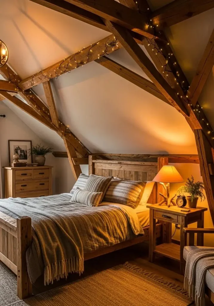 Rustic attic bedroom with exposed wooden beams and warm cozy lighting