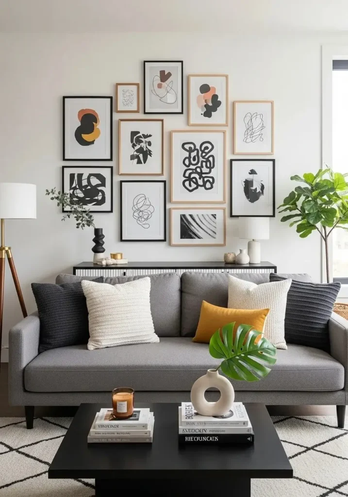 Gallery wall above grey couch creating a focal point in living room