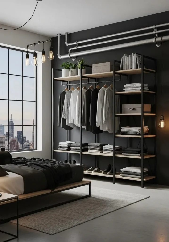 industrial style open closet with metal and wood design