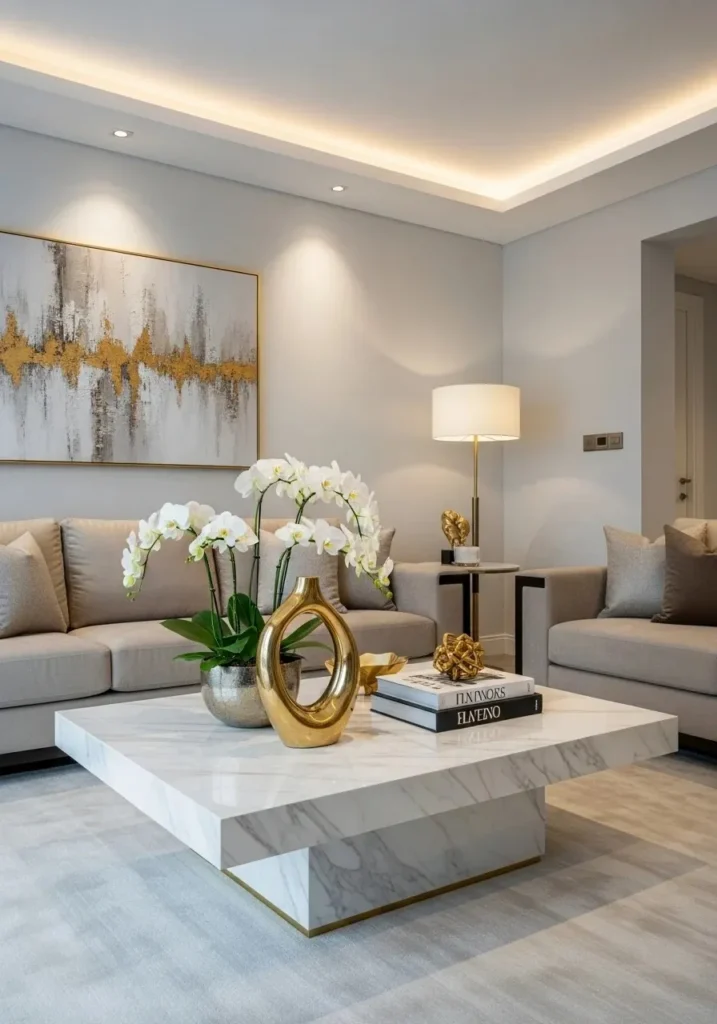 Luxury living room with marble coffee table and gold accents creating a refined elegant atmosphere.