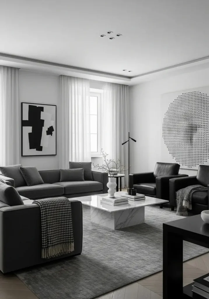 Monochrome luxury living room with clean tonal design and modern elegance.