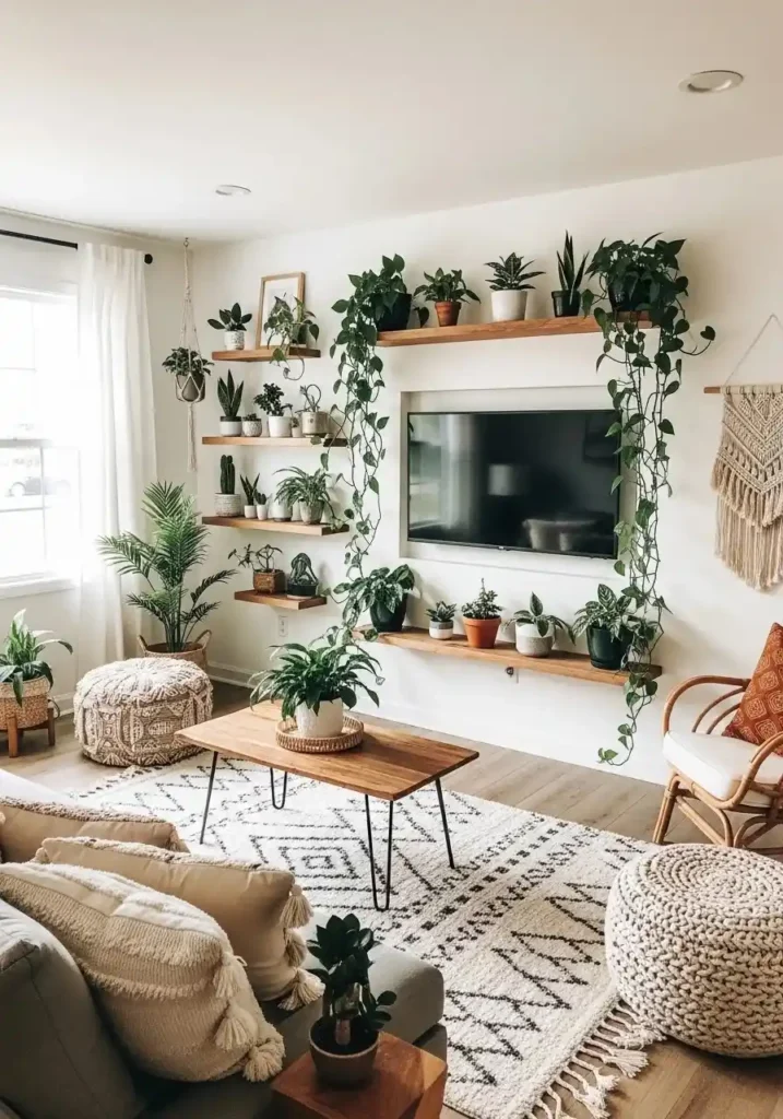 TV wall with plants creating fresh and natural living room design