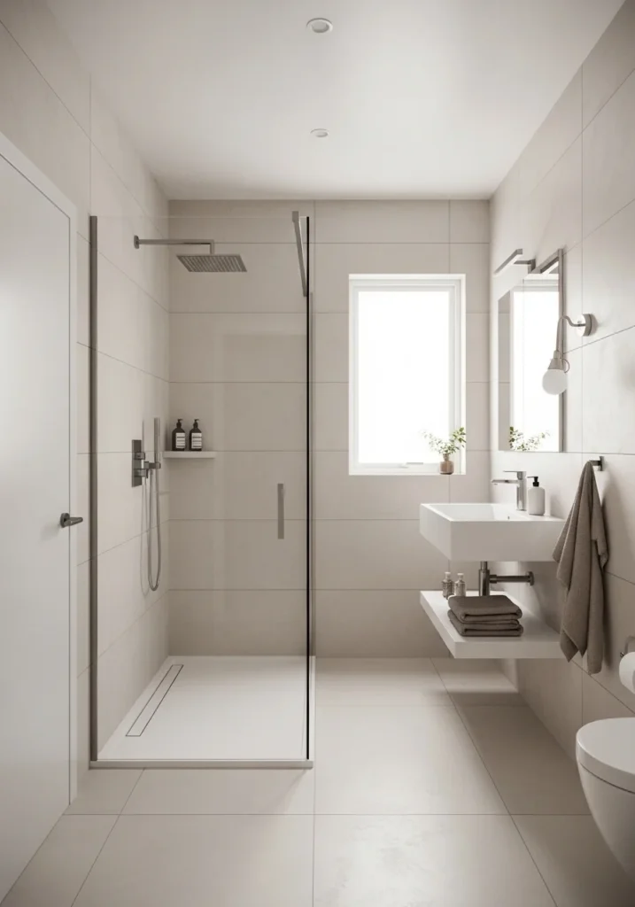 Frameless glass walk-in shower making a small bathroom feel open and spacious