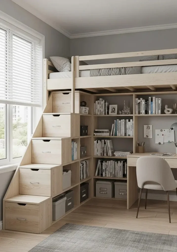 Loft bed with storage stairs for smart and organized small spaces