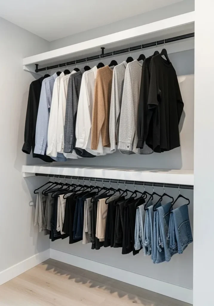 Double hanging rods in small closet to maximize space