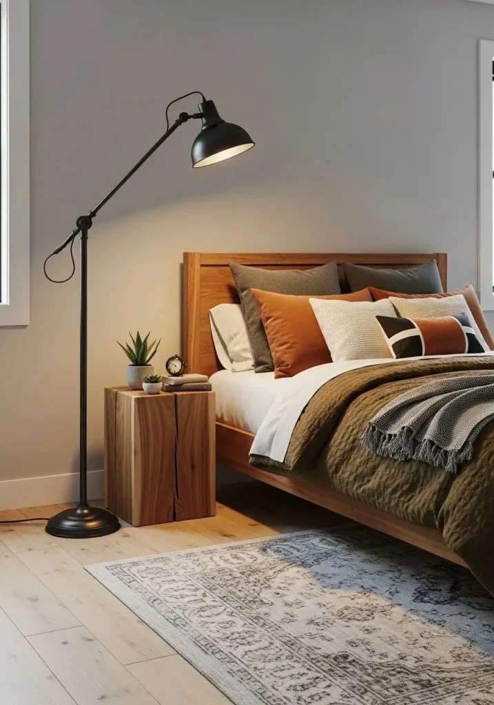 Industrial bedroom lamp with black metal design and warm lighting