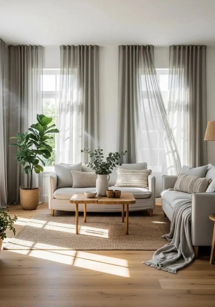 Linen curtains in Japandi living room with soft natural light