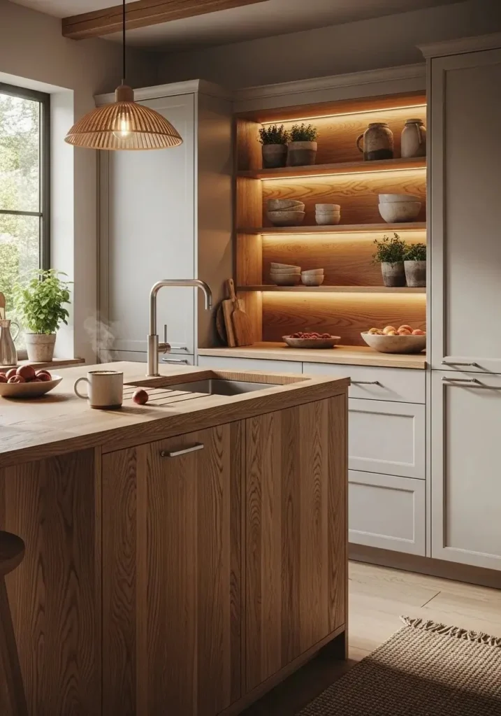 Wood waterfall island adding warmth and natural texture to kitchen