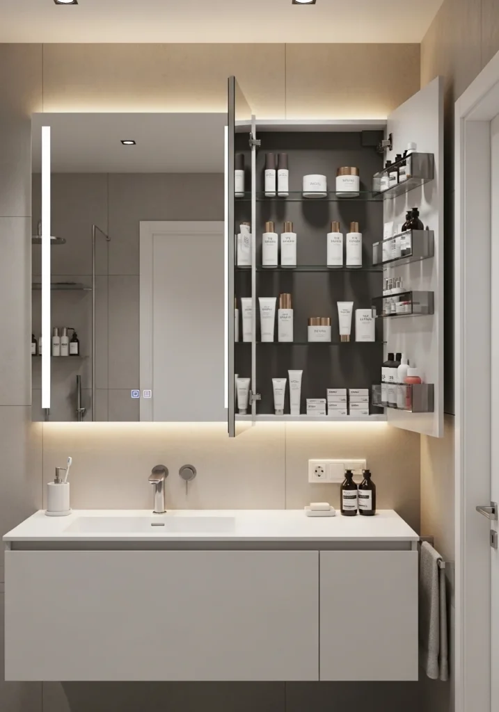 Slim medicine cabinet storing skincare and daily essentials in bathroom.