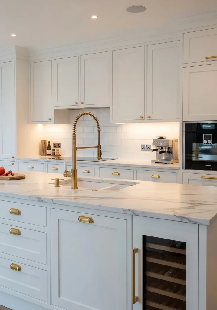 metallic accents white kitchen gold hardware ideas