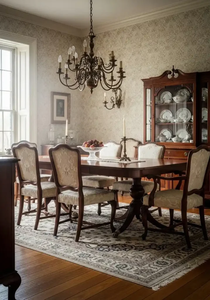 Vintage wallpaper adding charm and character to dining room