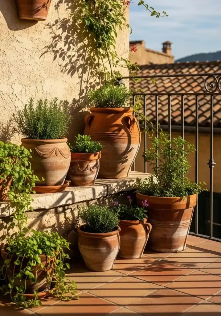 Rustic terracotta plant pots with green plants on a warm balcony setting