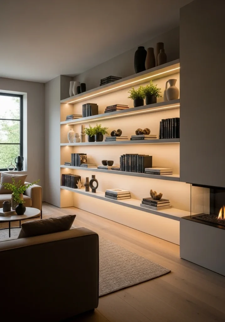Floating shelves with hidden lighting creating warm and stylish display for books and décor