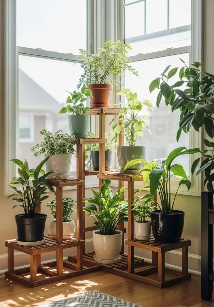 Tiered plant stand displaying multiple plants near a bright window