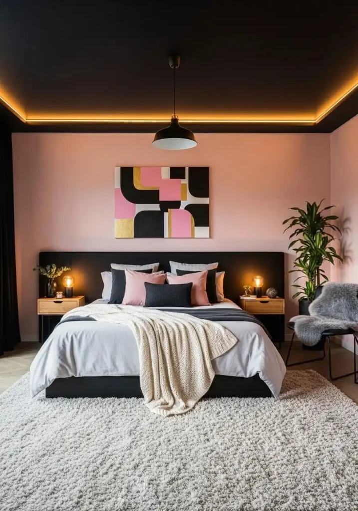 Black ceiling with pink walls creating a dramatic cozy bedroom
