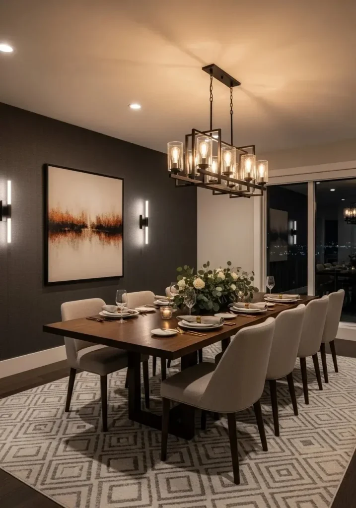 layered lighting dining room decor ideas with warm cozy glow