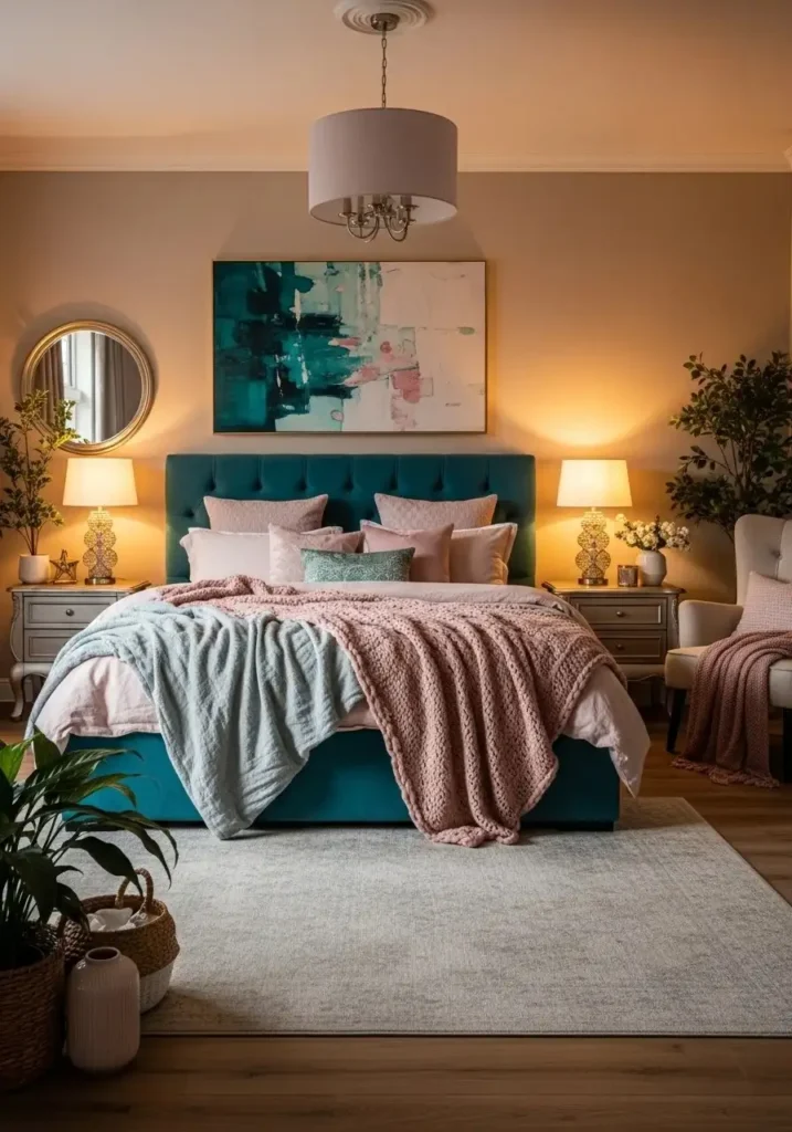 Teal upholstered bed with layered pink bedding in elegant bedroom