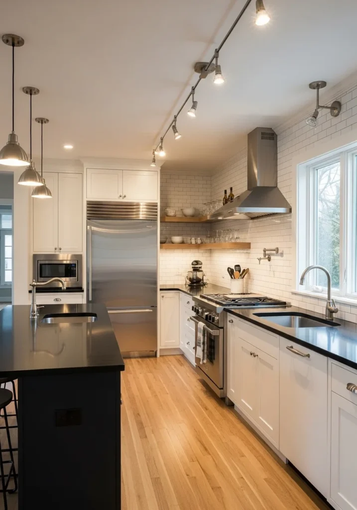 black countertops white subway tile backsplash kitchen idea