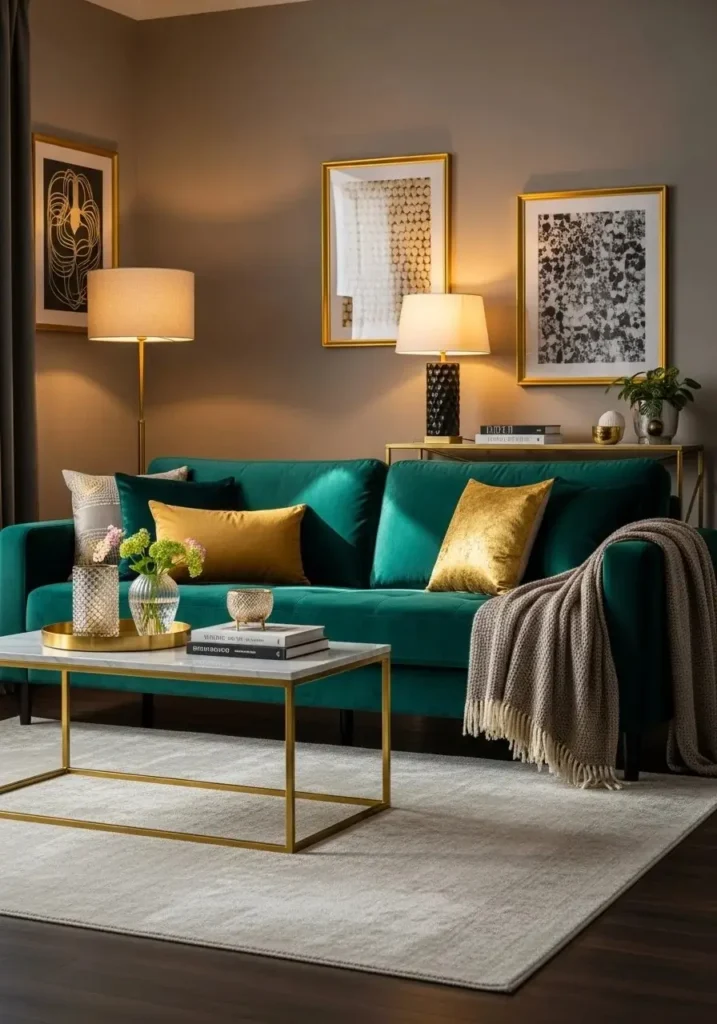 Velvet sofa in luxury living room adding rich texture and elegant depth.