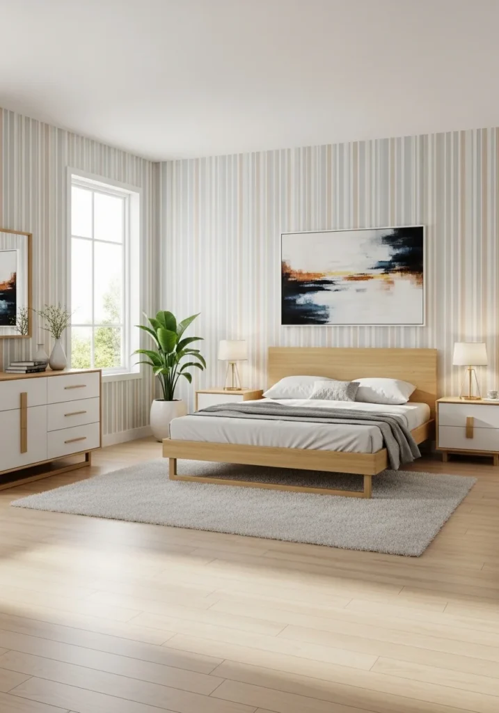 Striped wallpaper bedroom ideas to make space look bigger and taller