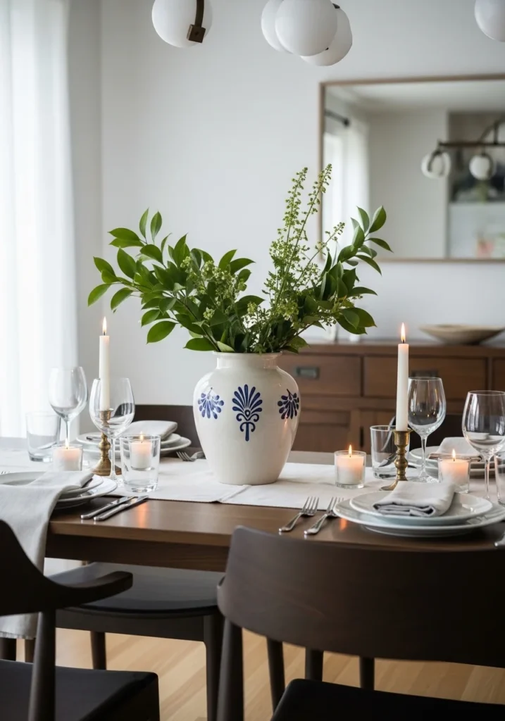 dining table centerpiece decor ideas with candles and greenery
