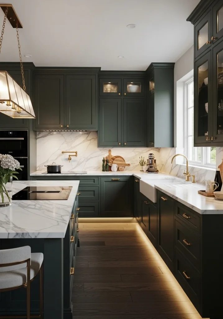 Dark green kitchen cabinets with marble countertops and gold accents