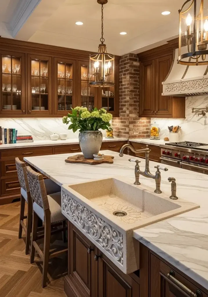 Natural stone kitchen sink with marble countertops in luxury kitchen