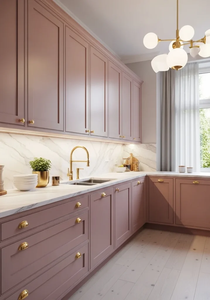 Dusty rose kitchen cabinets with soft modern elegance