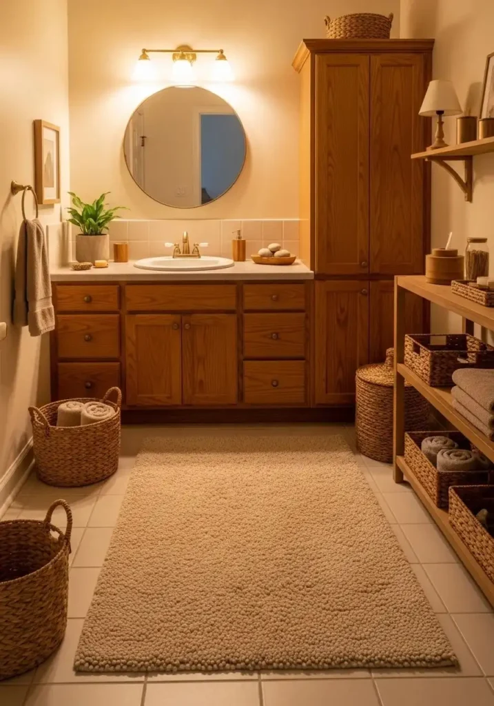 Beige bathroom rug adding warmth and natural style