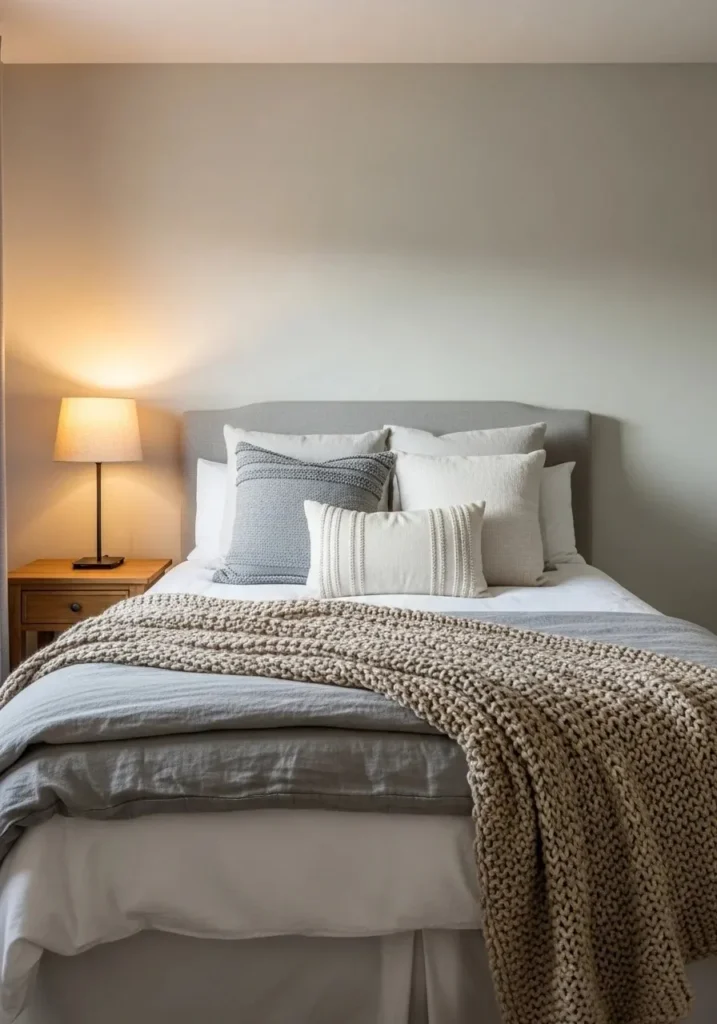 Guest room with layered bedding, textured pillows, and a cozy throw creating a warm and inviting space
