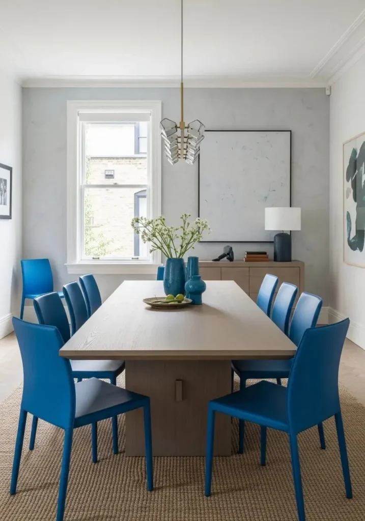 Contrasting dining table and colorful chairs creating a bold and modern look