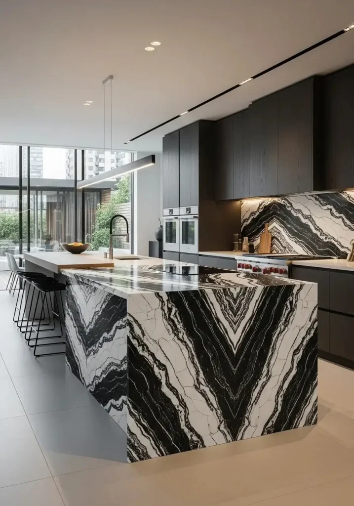 black and white waterfall island kitchen countertop design