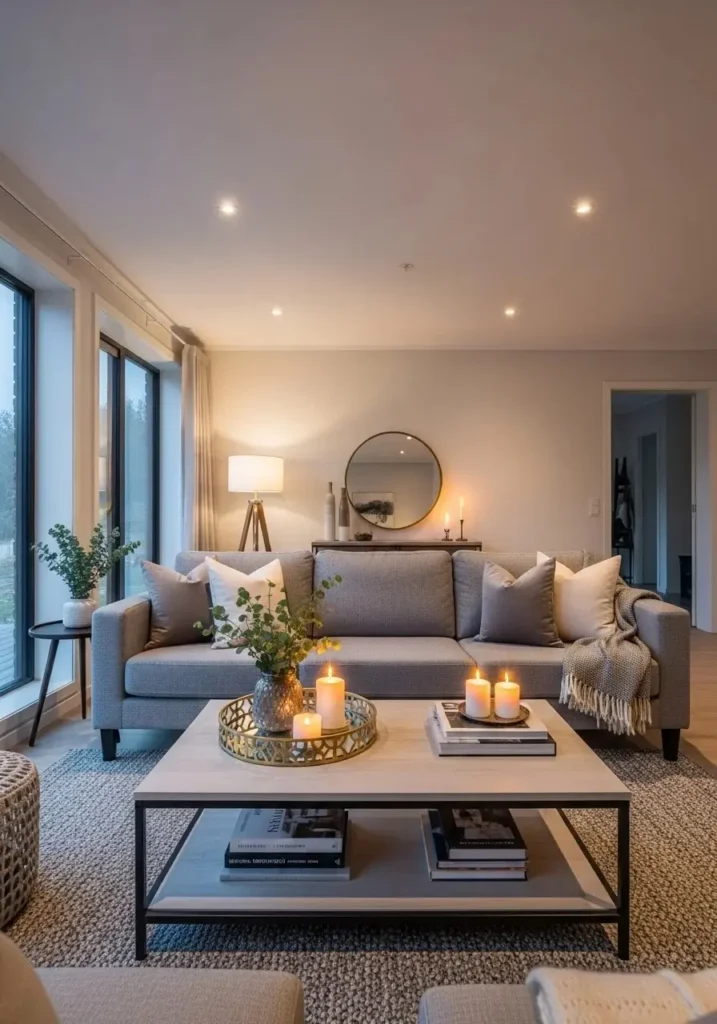 Styled coffee table in front of grey couch with decorative accents