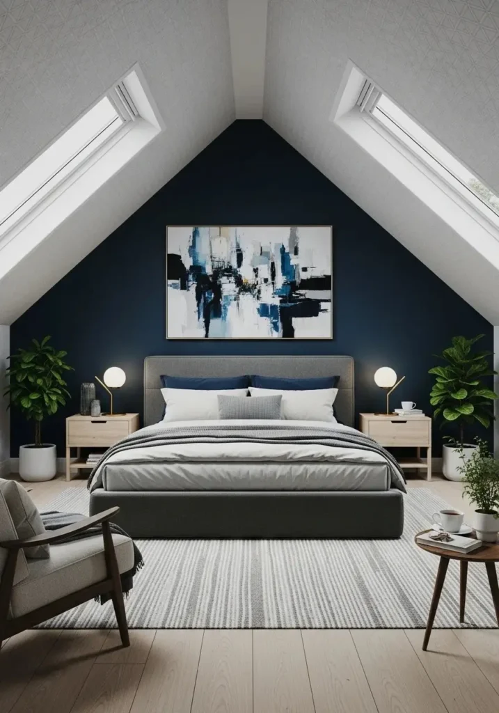 Attic bedroom with a stylish accent wall creating a focal point