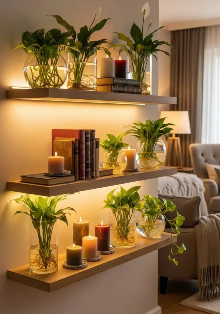 Floating shelves decorated with water plants and home accessories
