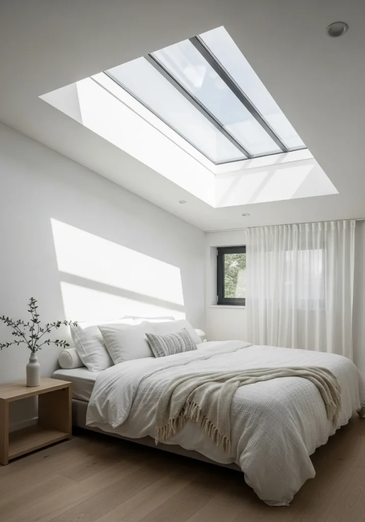 Bright attic bedroom with skylight above the bed and natural sunlight filling the space