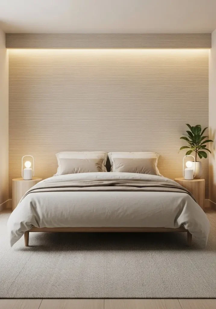 Neutral textured wallpaper bedroom ideas for subtle depth and calm look